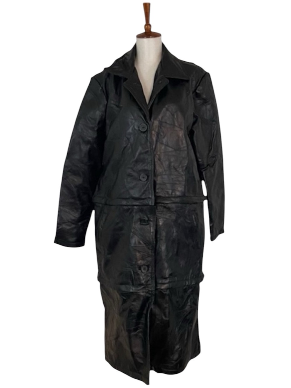 Vintage Black Leather Coat Women’s L 3 in 1 Adjustable Midi Short Long Jacket